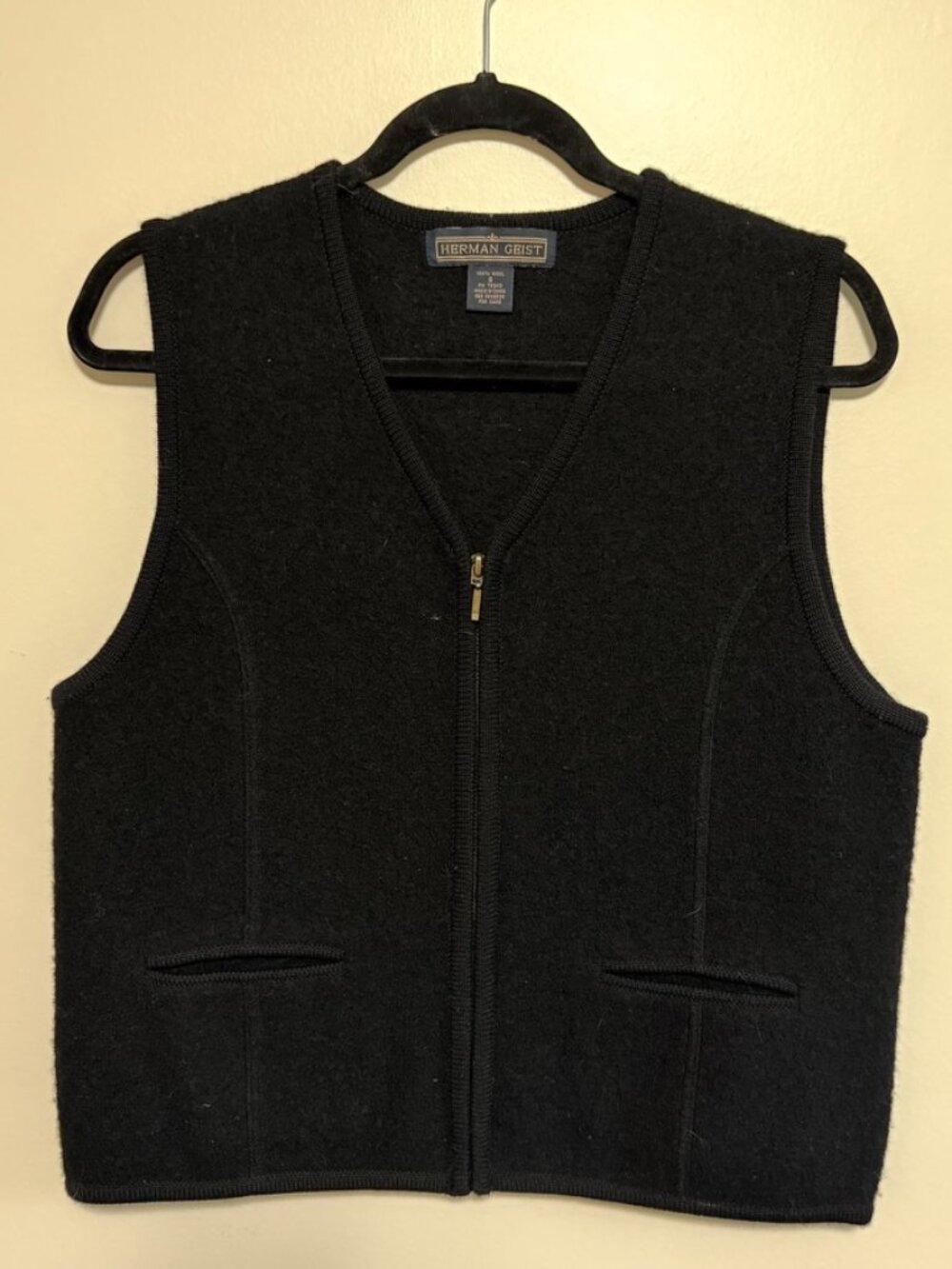 Vintage Herman Geist 100% Wool Zip Up Vest Black Knit Size S Dark Academia